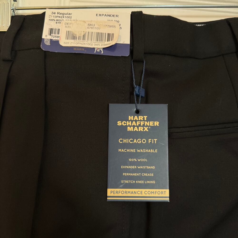NWT Hart Schaffner Marx Chicago Fit Wool Dress Pants 34R Black Expander Waist
